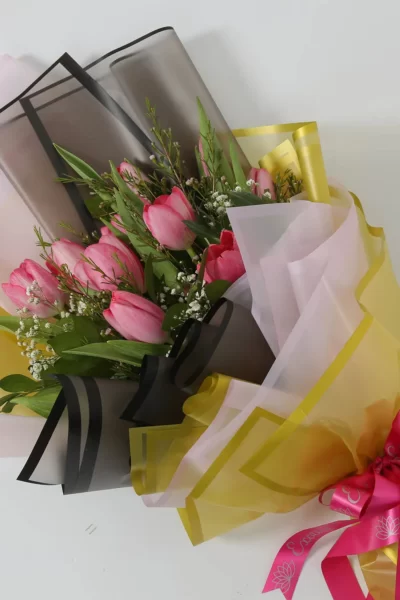 Fresh Flowers 10 Pink Tulip, Wax Flowers & gypsophila