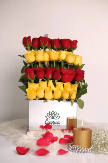 Box Arrangements Mirror Box of 25 Yellow & 25 Red Roses