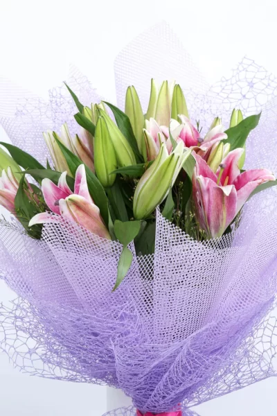 Hand Bunches Pink Oriental Lily & Pink Wax Flowers