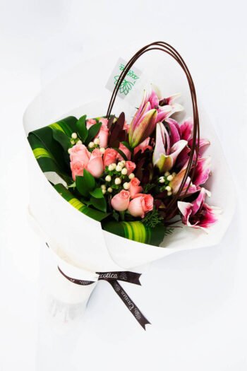 Hand Bunches Hypercium Berry, Sunset Safari, Oriental Lily & Roses