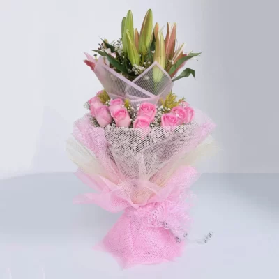 Hand Bunches Pink Oriental Lily, Revival Roses & Pink Wax Flowers