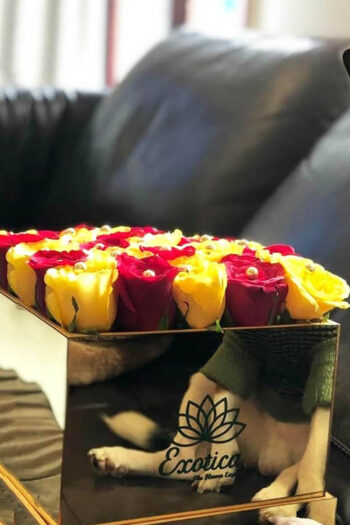 Fresh Flowers Golden Mirror Box of Yellow & Red Roses With Golden Pearl