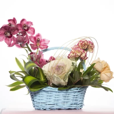 Basket Arrangements Basket of Cymbidium, Roses, Daisy & Carnations