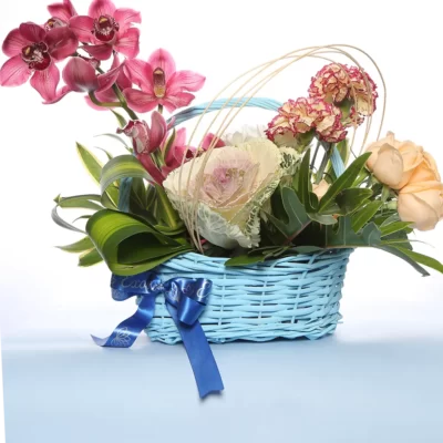 Basket Arrangements Basket of Cymbidium, Roses, Daisy & Carnations