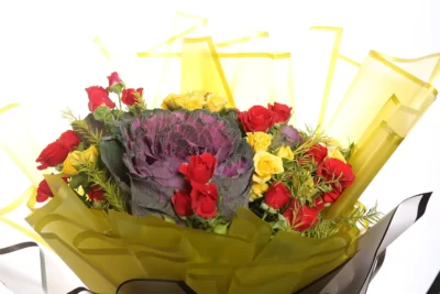 Hand Bunches Brassica, Red & Yellow Spray Roses