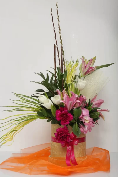 Box Arrangements Cream Round Box of Tulips, Lily, Hygrangea & Carnations