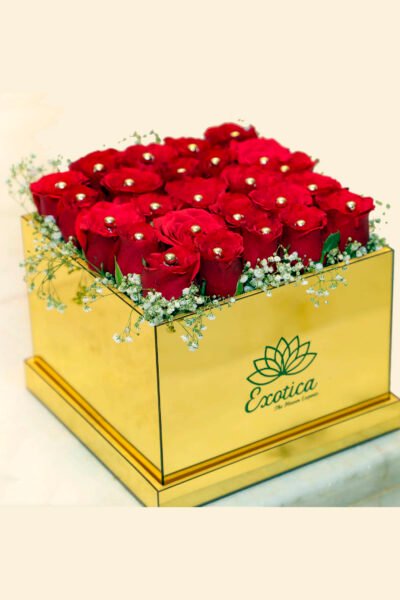 Box Arrangements Golden Mirror Box of Red Roses