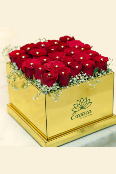 Box Arrangements Golden Mirror Box of Red Roses