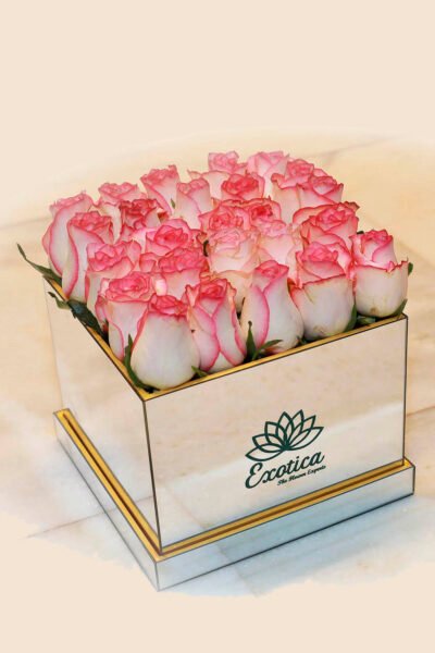Box Arrangements Silver Mirror Box of 25 Jumilia Roses