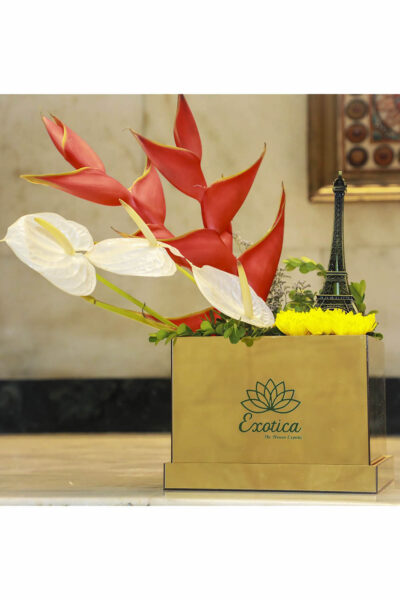 Box Arrangements Golden Mirror Box Heliconia, Anthuriums & Daisy