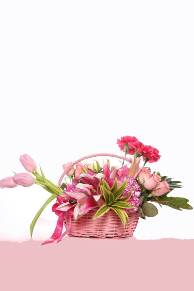 Basket Arrangements Basket of Tulips, Roses, Lily & Carnations