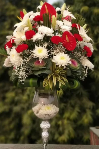 Glass Vase Arrangements Glass Vase of Lily, Anthuriums, Carnations & Chrysanthemum
