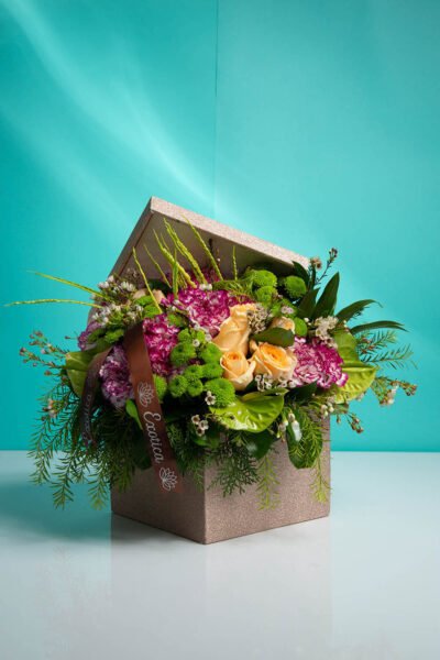 Box Arrangements Gold Glitter Box of Carnations, Roses, Daisy & Anthuriums