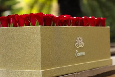 Box Arrangements Golden Gliter Box of Red Roses & Golden pearl