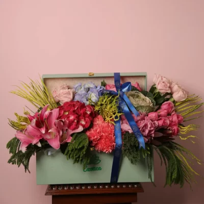 Box Arrangements Lockable box of Hydrangea, Lily, Roses & Carnation
