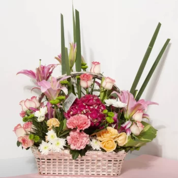 Basket Arrangements Silver Basket of Hydrangea Roses, Lily & Carnations