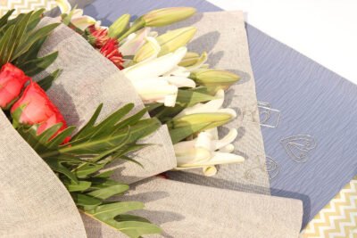 Fresh Flowers White Oriental Lily, Red Daisy & Orange Roses