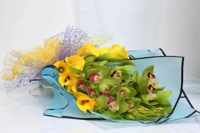 Hand Bunches Yellow Cala Lily & Green Cymbidium Orchids
