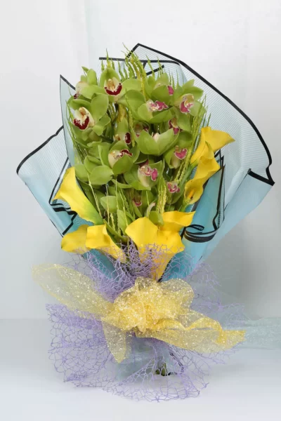 Hand Bunches Yellow Cala Lily & Green Cymbidium Orchids