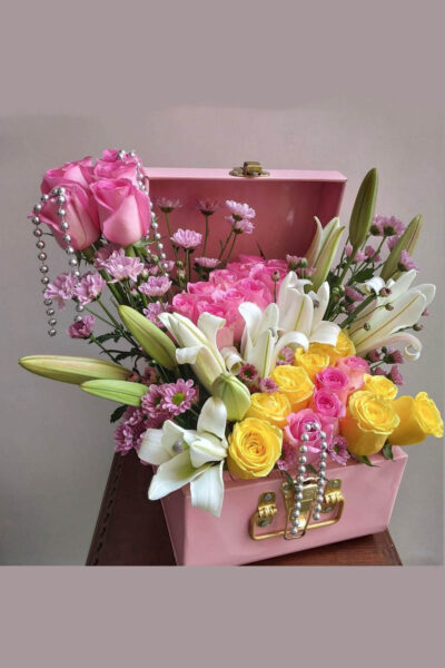 Fresh Flowers Pink Metal Trunk of Roses, Lily & Daisy