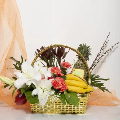 Basket Arrangements Golden Basket of Fruits & Flower Combo