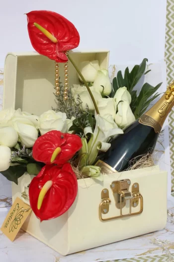 Fresh Flowers Metal Trunk of champagne, Anthurium Roses & Lily
