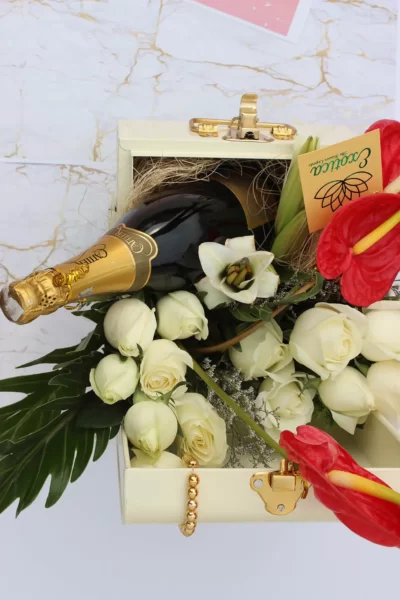 Fresh Flowers Metal Trunk of champagne, Anthurium Roses & Lily
