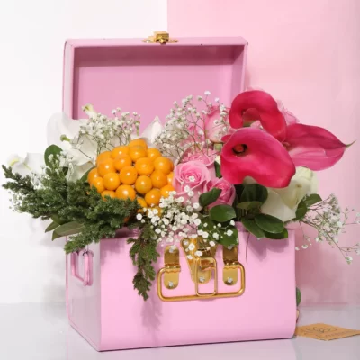 Fresh Flowers Pink Metal Trunk of Cala Lily, Roses & Lily