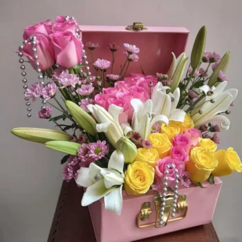 Fresh Flowers Pink Metal Trunk of Roses, Lily & Daisy