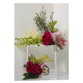 Fresh Flowers Square Wooden Base of Carnations, Oriental Lily & Mokara Orchids