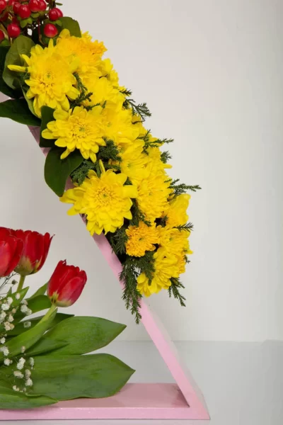 Fresh Flowers Triangle Wooden Base of Tulips Daisy & Hypercium Berry
