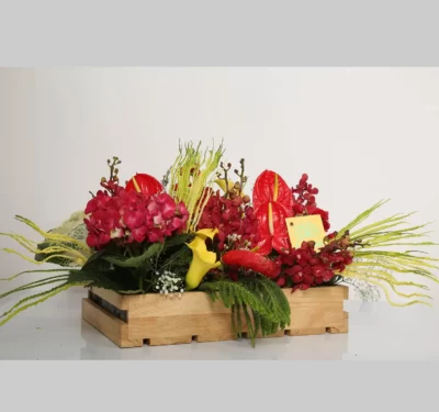 Fresh Flowers Wooden Tray of Hydrangea, Anthurium, Mokara & Cala Lily