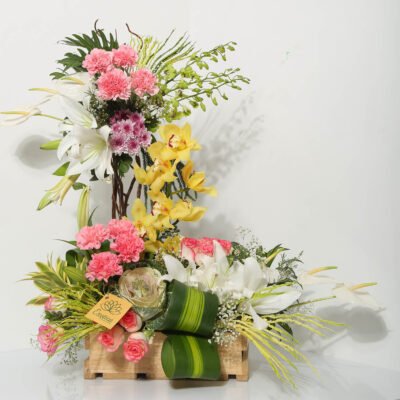 Fresh Flowers Wooden Tray of lily Anthuriums, Rose & Cymbidium