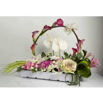 Fresh Flowers Wooden tray of Lily, Carnations , Daisy & Cymbidium