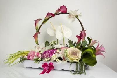Fresh Flowers Wooden tray of Lily, Carnations , Daisy & Cymbidium
