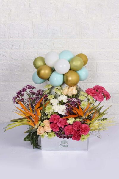 Box Arrangements Box Arrangement Of Mixed Flowers With Latex Balloons