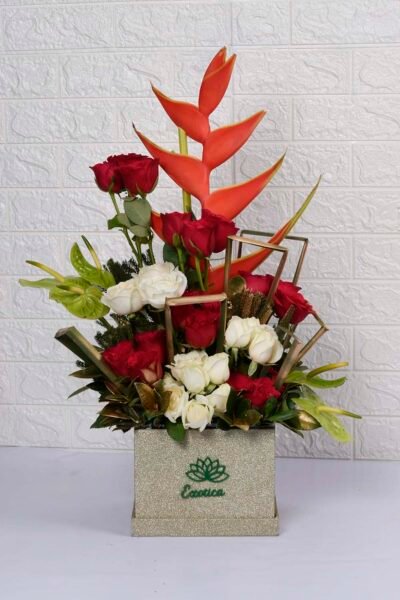 Box Arrangements Box flower arrangement of heliconia, anthurium, red & white Roses
