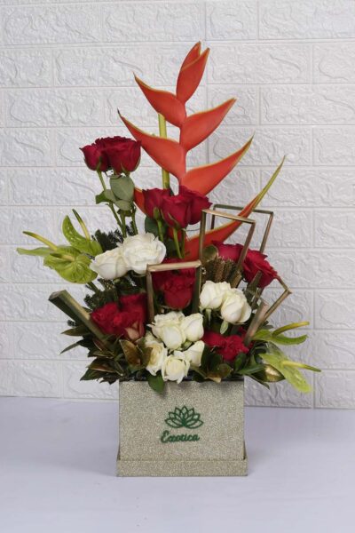 Box Arrangements Box flower arrangement of heliconia, anthurium, red & white Roses