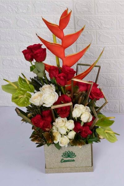 Box Arrangements Box flower arrangement of heliconia, anthurium, red & white Roses