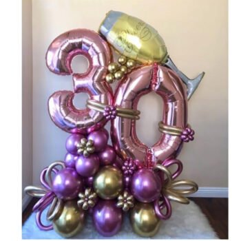 Balloon Arrangements Number 30 Foil Balloon, Champagne Glass & Latex Balloons