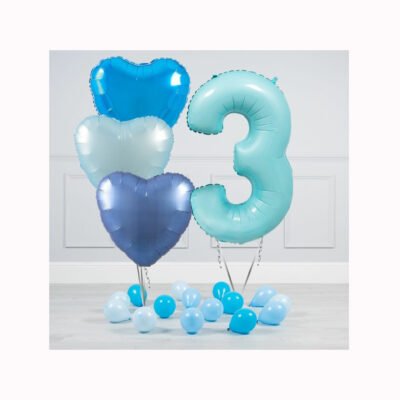 Balloon Bunches Number 3 & 3 Blue Heart Shape Balloons