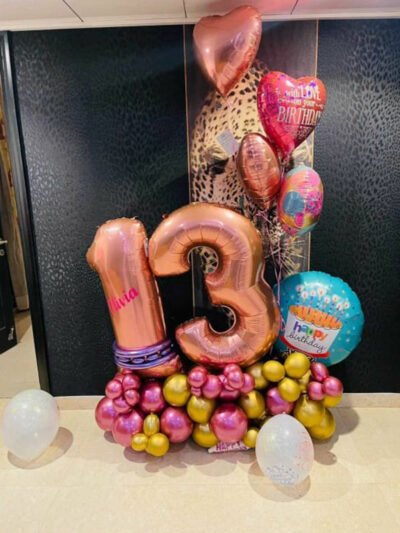 Balloon Arrangements Number 13 foil balloon, Stripe Birthday Candles, With Love On your Birthday, Heart & Latex Balloons