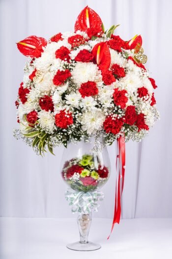 Fresh Flowers Glass Vase Arrangements Of Red Carnation & White Chrysantimam With Red Antheruim