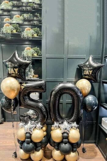 Balloon Arrangements Balloon Arrangement Of Gold Number 50 With Gold & Black Latex & Black Star