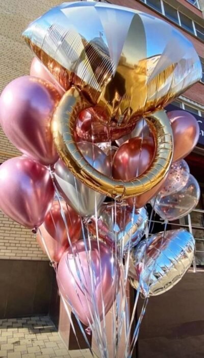 Balloon Arrangements Balloon Bunch Of Wedding Ring With Latex, Confetti & Silver Heart