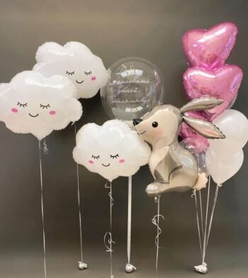 Balloon Arrangements Balloon Bunch Of Cloud With Woodland Bunny & Pink Hearts