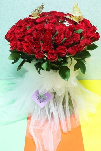 Fresh Flowers Flower Bunch Of Red Roses With Golden Butterfly