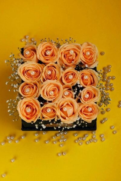 Box Arrangements Flower Box of Peach Roses Bed