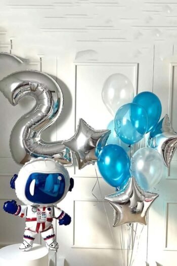Balloon Arrangements Balloon Bunch Of Silver Star, Latex, Number 2 With Astronaut