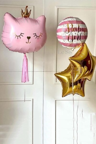 Balloon Arrangements Balloon Bunch Of Gold Star, Baby Girl With Cat Princess